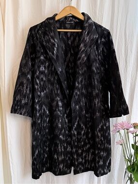 NWOT Eileen Fisher Womens Large Black Silver Metallic Jacket Longline Open Front